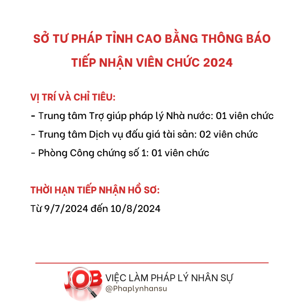 Sở Tư pháp tỉnh Cao Bằng thông báo tiếp nhận viên chức năm 2024