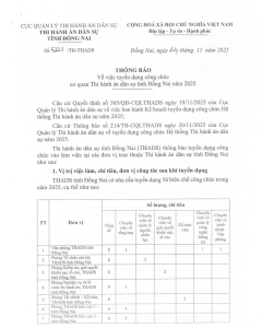 Thi hành án dân sự tỉnh Đồng Nai tuyển dụng công chức năm 2025