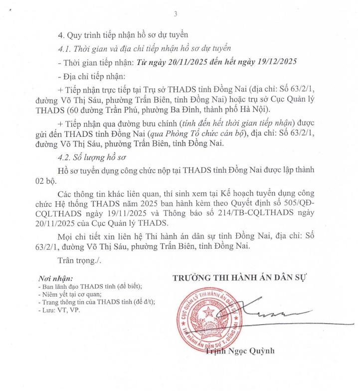 Thi hành án dân sự tỉnh Đồng Nai tuyển dụng công chức năm 2025