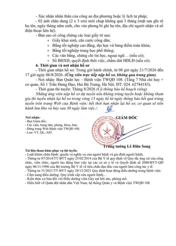 Bệnh viên Trung ương Quân đội 108 tuyển nhân viên chuyên môn kỹ thuật năm 2026 